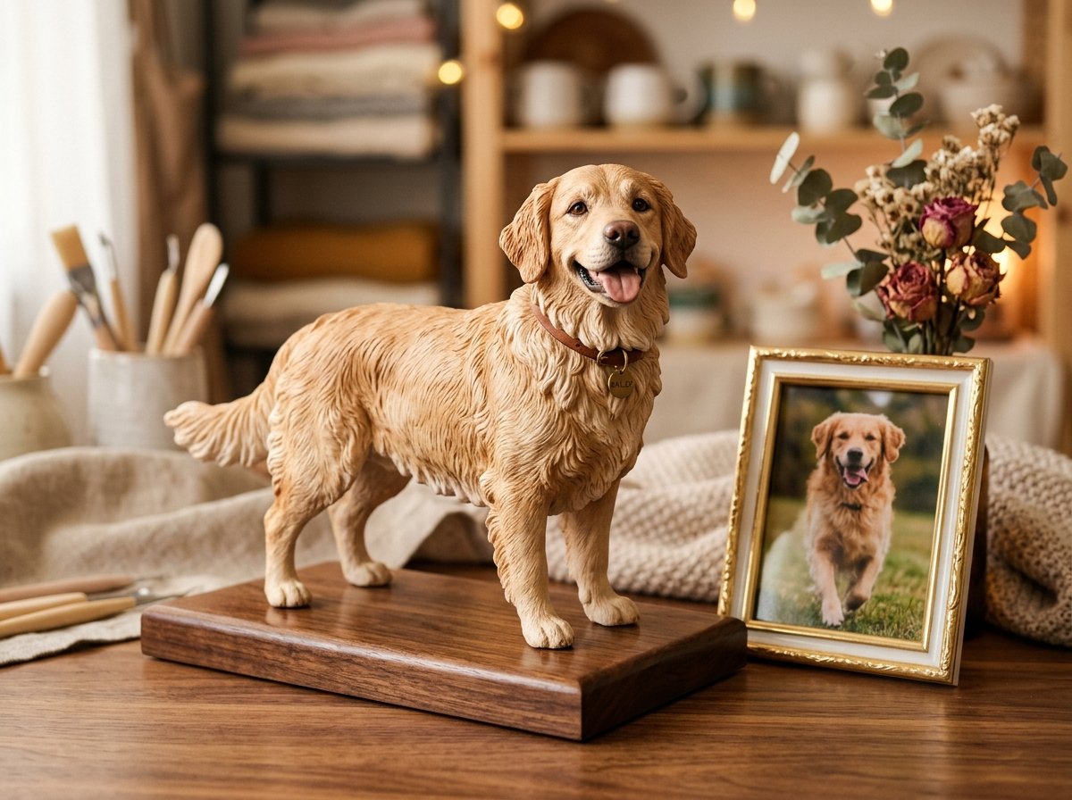 Handcrafted ceramic Golden Retriever pet sculpture standing next to a framed reference photograph on a wooden desk